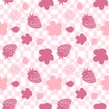 Psychedelic seamless pattern with strawberries and spotted flowers on trippy grid. Groovy summer print for fabric, paper, T-shirt