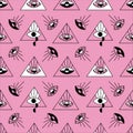 Psychedelic seamless pattern. Triangles with eyes. Magic geometry for fabric, paper, and background. Vector backdrop Royalty Free Stock Photo