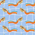 Psychedelic seamless patterns in retro 70s style, groovy hippie backgrounds with a music cassette Royalty Free Stock Photo