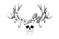 Psychedelic skull. Realistic horrible colorful black and white human skull with large sharp deer antlers and flowers