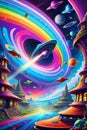 A psychedelic spaceship through a rainbow hued wormhole, with planets and outer space landscape, cartoon Royalty Free Stock Photo