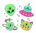 Psychedelic Stickers Feature Vibrant Colored Alien Head, Cat with Three Eyes, Planet with Snake ring and Ufo Saucer
