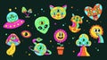 Psychedelic Stickers Pack. Ufo, Alien Head, Cat And Heart. Hallucinogenic Mushroom, Planet With Snake, Eye, Daisy Flower