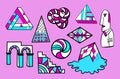 Psychedelic stickers set of geometric surreal shapes.Abstract signs in trendy trippy style.Pyramids,arches,stairs.Vector hand