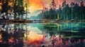 Psychedelic Sunset At Mountain Pond In High Resolution