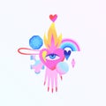 Psychedelic surreal illustration. Heart with one eye, hand, fire, rainbow. Contemporary art Royalty Free Stock Photo
