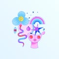 Psychedelic surreal illustration. Mental health. Woman face, flower, snake, rainbow. Psychology. Contemporary art Royalty Free Stock Photo