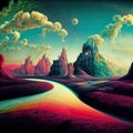 Psychedelic surreal landscape. Illustration of spiritual journey insight. Fantasy magic scene