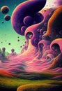 Psychedelic surreal landscape. Illustration of spiritual journey insight. Fantasy magic scene