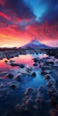 Psychedelic Surrealism: Rock Shore Near Mount Fuji In Orange Sky