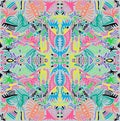 Psychedelic symmetrical motley hippie trippy abstract pattern with many intricate ornaments, bright neon multicolor