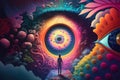 Psychedelic trip into wellness and escapism with surrealis and vibrant trippy illustrations