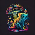 Psychedelic trippy cat acid with neon mushroom hippie illustration. groovy postcard with kitten