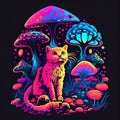 Psychedelic trippy cat acid with neon mushroom hippie illustration. groovy postcard with kitten