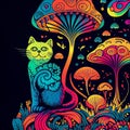 Psychedelic trippy cat acid with neon mushroom hippie illustration. groovy postcard with kitten