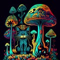 Psychedelic trippy cat acid with neon mushroom hippie illustration. groovy postcard with kitten