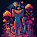 Psychedelic trippy cat acid with neon mushroom hippie illustration. groovy postcard with kitten