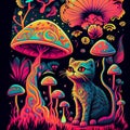 Psychedelic trippy cat acid with neon mushroom hippie illustration. groovy postcard with kitten