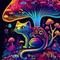Psychedelic trippy cat acid with neon mushroom hippie illustration. groovy postcard with kitten
