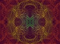 Psychedelic trippy colorful fractal mandala, gradient bright color outline, on dark brown background. Decorative element