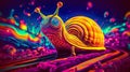 Psychedelic trippy snail cartoon 70s, rave style, acid color. Retrowave concept. Ai Generative