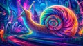 Psychedelic trippy snail cartoon 70s, rave style, acid color. Retrowave concept. Ai Generative