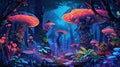 psychedelic trippy wonderland landscape with mushrooms, flowers, butterflies, fantasy bright neon illustration, AI