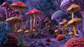 psychedelic trippy wonderland landscape with mushrooms, flowers, butterflies, fantasy bright neon illustration, AI Royalty Free Stock Photo