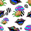 Psychedelic vintage pattern in the style of good vibes of the 1970s.retro illustration of mushroom lips.