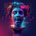 Psychedelic visual trends: surreal antique greek god sculpture, roman column, statues, vibrant neon colors, creating a Royalty Free Stock Photo