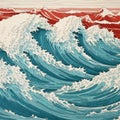 Japanese Traditional Style Painting With White Waves In Red And Azure