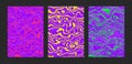 Psychedelic wavy posters set. Trippy groovy abstract backgrounds on bright neon colors. Fluid marble stone texture. Cool