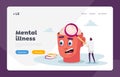 Psychiatric Clinic Landing Page Template. Tiny Doctor Character with Huge Magnifying Glass Learning Diseased Human Brain