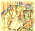 Psychic Woman Sitting On The Stairs Pencil Color Illustration