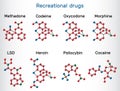 Psychoactive drugs: lysergic acid diethylamide LSD, oxycodone, heroin, codeine, methadone, morphine, cocaine, psilocybin.