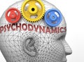 Psychodynamics and human mind - pictured as word Psychodynamics inside a head to symbolize relation between Psychodynamics and the Royalty Free Stock Photo