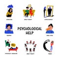 Psychological help. Set of hand drawn icons on theme of psychology. Mental problems, disorders and phobias. Doodle style Royalty Free Stock Photo