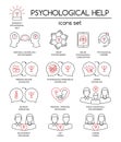 Psychological help. Set of linear icons symbols for psychology counseling, consulting, psychotherapy. Black and red. Flat design.