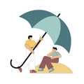 Psychological help. Support in crisis. Little man holding an umbrella over another man Royalty Free Stock Photo