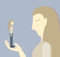 Psychological illustration. Sad girl holding in the hand itself. Depression. Small self esteem