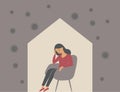 The psychological impact of coronavirus quarantine lockdown. Woman sitting alone inside her house, feeling stress emotion,