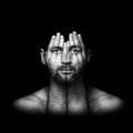 psychological portrait of a person, concept idea art of surreal, double exposure, face shines through hands, surreal portrait of a