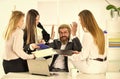 Psychological pressure. Flirting secretary and manager. Flirting with boss. Man and women colleagues. Too much attention Royalty Free Stock Photo