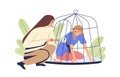 Psychological violence, abuse and oppression concept. Helpless person slave locked in cage by abuser. Woman under total