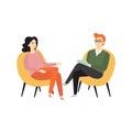 Psychotherapy counseling concept. Psychologist and girl patient in therapy session. Vector flat cartoon illustration Royalty Free Stock Photo