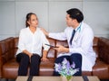 Psychologist metal health concept. Psychologist and depressed patient at office during consultation, The male doctor is treating Royalty Free Stock Photo