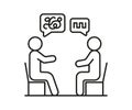 Psychologist and patient talk with speech bubble outline, therapy conversation two person, line sign. Dialog speak