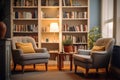 An psychologist\'s office, with comfortable chairs, soothing colors, and bookshelves filled with psychology literature.