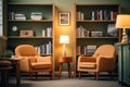 An psychologist\'s office, with comfortable chairs, soothing colors, and bookshelves filled with psychology literature.