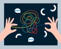 Psychology, analysis, problem solving, psychotherapy, hands and tangled thread. Vector illustration. Royalty Free Stock Photo